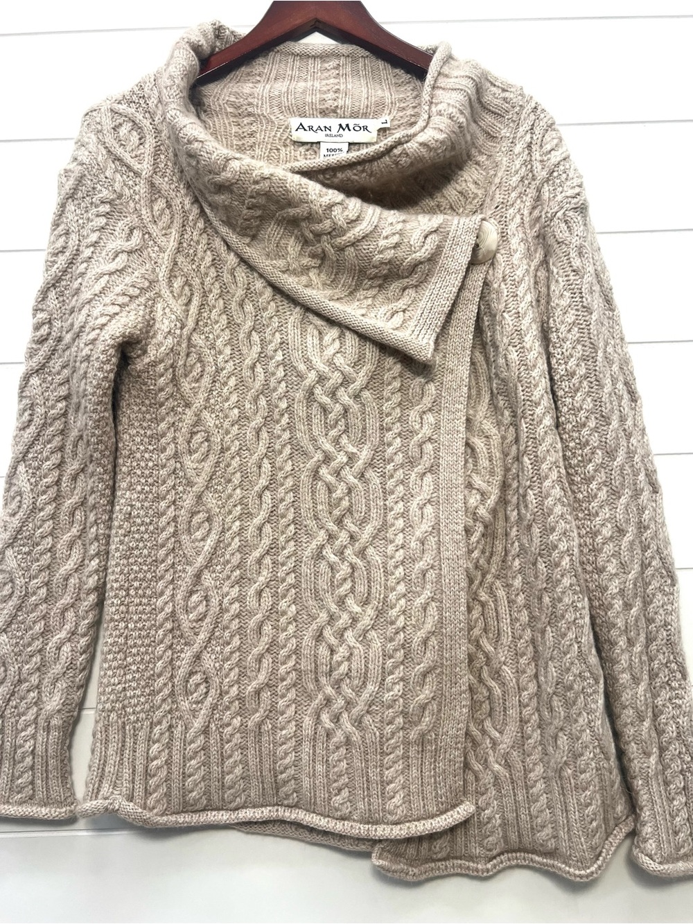 Aran Mor Ireland Merino Wool Cable Knit Cardigan L Oatmeal Fisherman Sweater